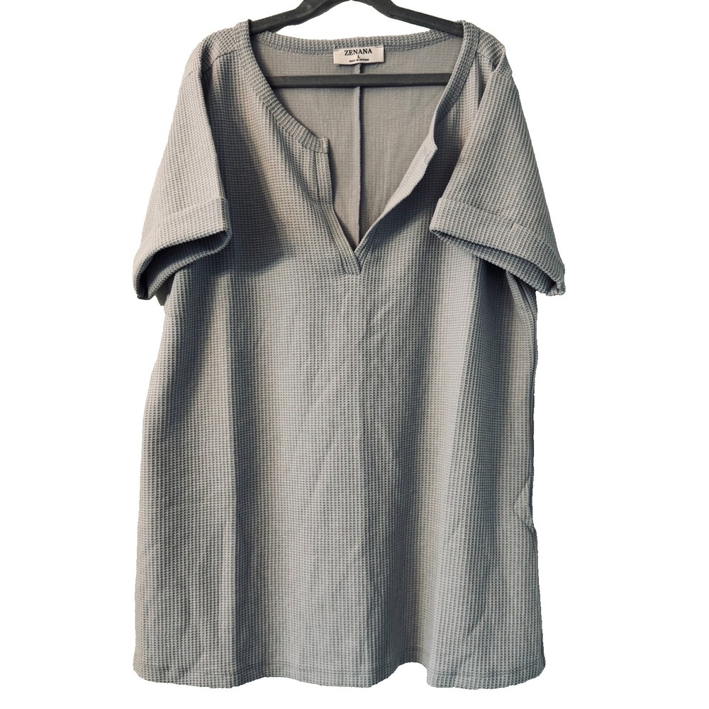 Zenana Waffle Knit Split Neck Tunic Top NWOT Gray Coastal Minimalist Relaxed L